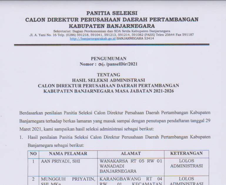 SELEKSI DIREKTUR PERUSAHAAN DAERAH PERTAMBANGAN BANJARNEGARA